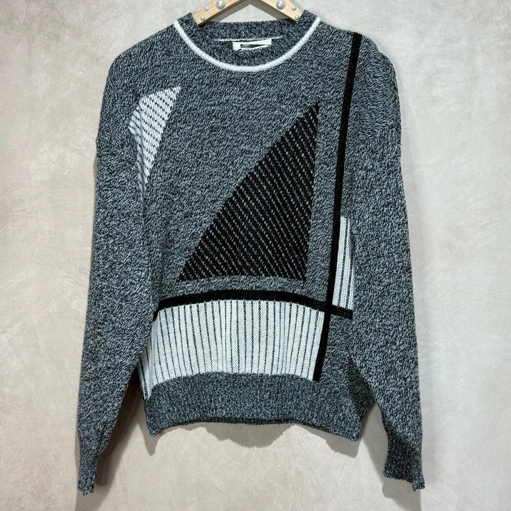 Vintage 80s Expressions Abstract Sweater Black/Grey Medium, Retro Geometric Knit - Picture 1 of 6
